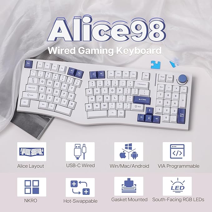 Feker Alice98 Ergonomic 98 Keys Custom Mechanical Keyboard, VIA Programmable, USB-C Wired Gaming Keyboard, Hot Swappable, 5 Layer Paddings, Control Knob, NKRO, RGB for Win/Mac (White)