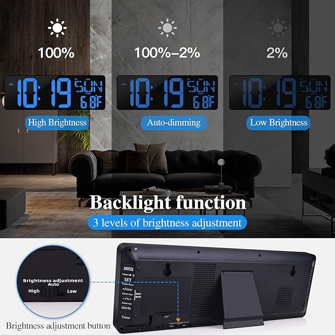 Large Digital Wall Clock with Remote Control 17.2" LED Large Display Timer with Temperature Date Week Auto DST Adjustable Brightness, Big Wall Alarm Clock for Living Room Office Garage Gym Seniors