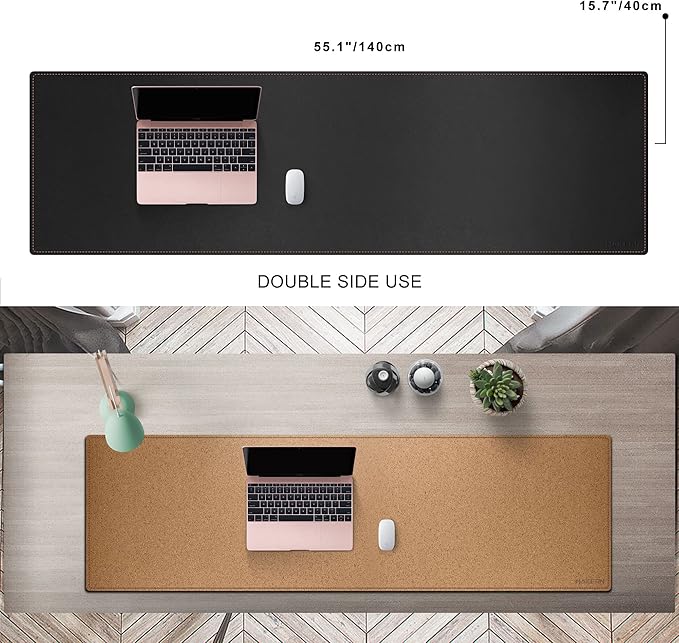 MAIDERN 55' x 15.7' Cork & Leather Desk Mat, XXL Dual Sided Desk Pad Protector for Gaming & Home Office (Black)