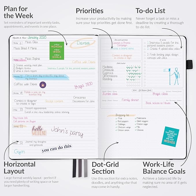 GoGirl Planner PRO - Undated Horizontal Layout Weekly Planner and Organizer + Budgeting and Expense Tracking Pages, Goals Journal & Agenda, 7" x 10" Hardcover, Lasts 1 Year - Black