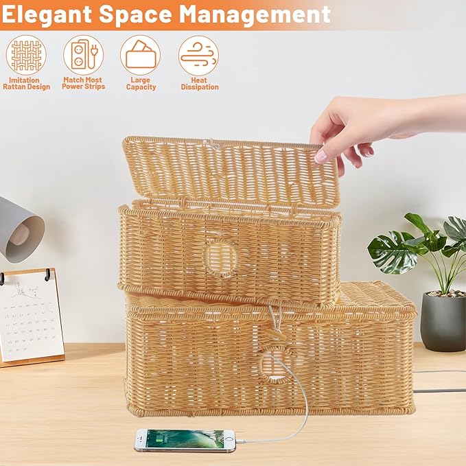IHKFILAN 2 Pcs Handmade Cable Management Boxes Rattan Cable Organizer Large & Medium Cord Hider Organizer Boxes Power Strip Boxes Locked Cover with 2 Open Slots for Home and Workplace