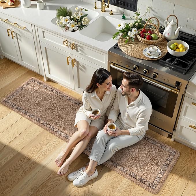 KIMODE Anti Fatigue Mats for Kitchen Floor, 20"x71" Boho Vintage Kitchen Runner Rug, Cushioned Floor Mat Non Slip, Memory Foam Standing Mat for Sink Laundry Office Desk Brown