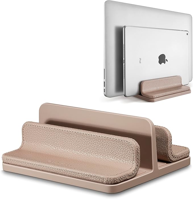 Leather Vertical Laptop Stand,Dual Laptop Holder Stand,Laptop Organizer with Adjustable Dock (18-26mm/0.7-1 in) for All MacBook/Tablet/Surface/Dell/iPad (Apricot)