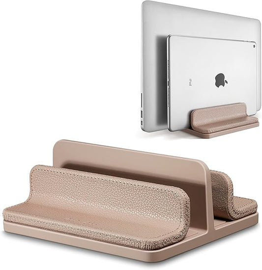 Leather Vertical Laptop Stand,Dual Laptop Holder Stand,Laptop Organizer with Adjustable Dock (18-26mm/0.7-1 in) for All MacBook/Tablet/Surface/Dell/iPad (Apricot)
