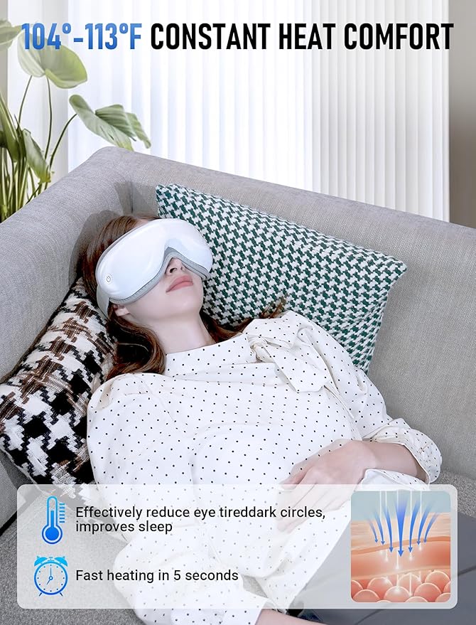 Eye Massager with Bluetooth Music, Heating & Vibration-Wireless Massage Mask for Relieving Dry Eyes, Eye Strain & Headaches, Promote Sleep, 180° Foldable, Travel, Office Users