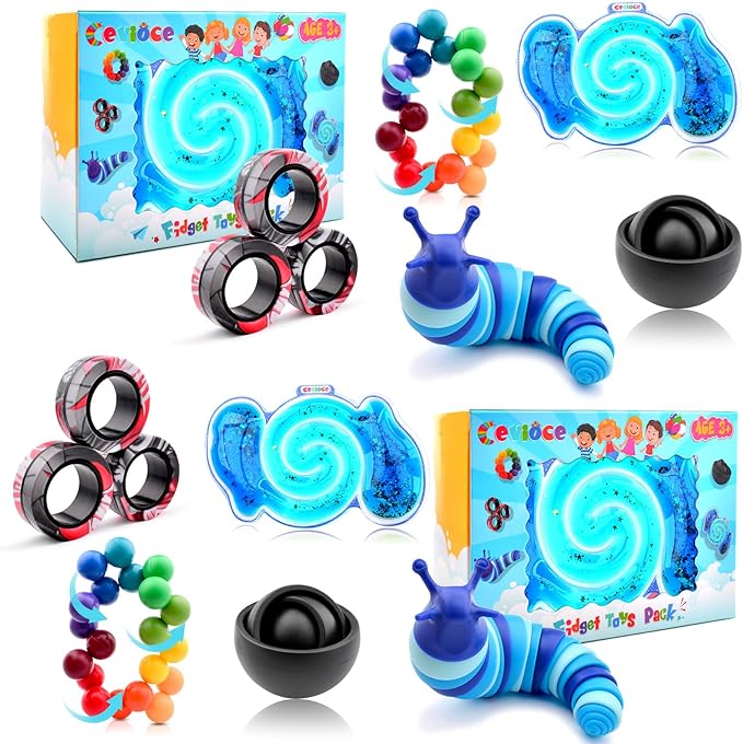 Cevioce 10Pcs Fidget Toys Adults Pack,Stocking Stuffers for Teens Boys Girls,Autism Sensory Toys with Fidget Spinner Slug Magnetic Rings,Squishy Fidget Toys ADHD Stress Relief,Party Favor for Kid-BB