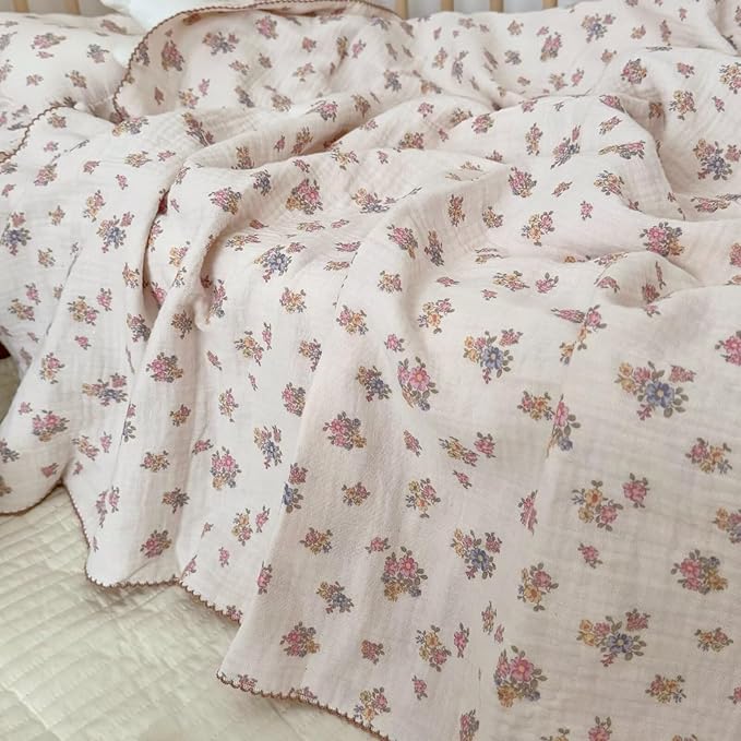 BuLuTu Muslin Cotton Baby Blanket, Tuberose Pattern Crib Blanket 47x51 Inch, Shabby Chic Pink Floral Nursery Blankets for Baby Infant Toddler Girls Boys, Super Soft Lightweight