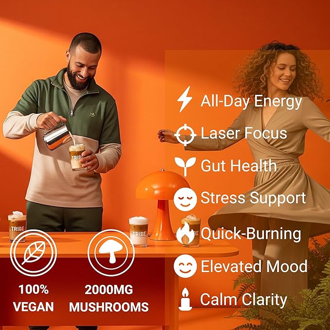 TRIBE 6 Mushroom Coffee + MCT Oil, Creamy Instant Barista Blend - Clean Daily Energy, Focus, Immune & Gut Support – 2000mg Adaptogenic Powder – USA-Grown - Lion’s Mane, Reishi, Turkey Tail – 30 Serv