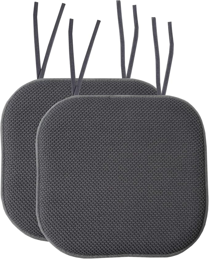 Sweet Home Collection Chair Cushion Memory Foam Pads with Ties Honeycomb Pattern Slip Non Skid Rubber Back Rounded Square 16" x 16" Seat Cover, 2 Pack, Charcoal Gray