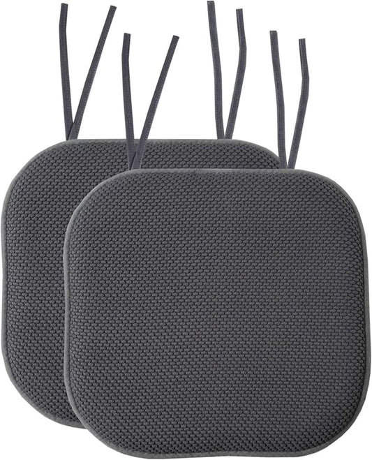 Sweet Home Collection Chair Cushion Memory Foam Pads with Ties Honeycomb Pattern Slip Non Skid Rubber Back Rounded Square 16" x 16" Seat Cover, 2 Pack, Charcoal Gray