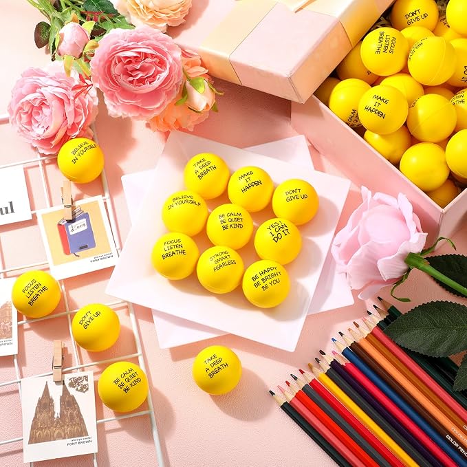Shappy 72 Pcs Inspirational Stress Relief Balls Motivational Stress Ball Encouraging PU Bulk Balls for Adults Small Therapy Fidget Relief Toys for Valentines Gifts Fidget Anxiety (Yellow)