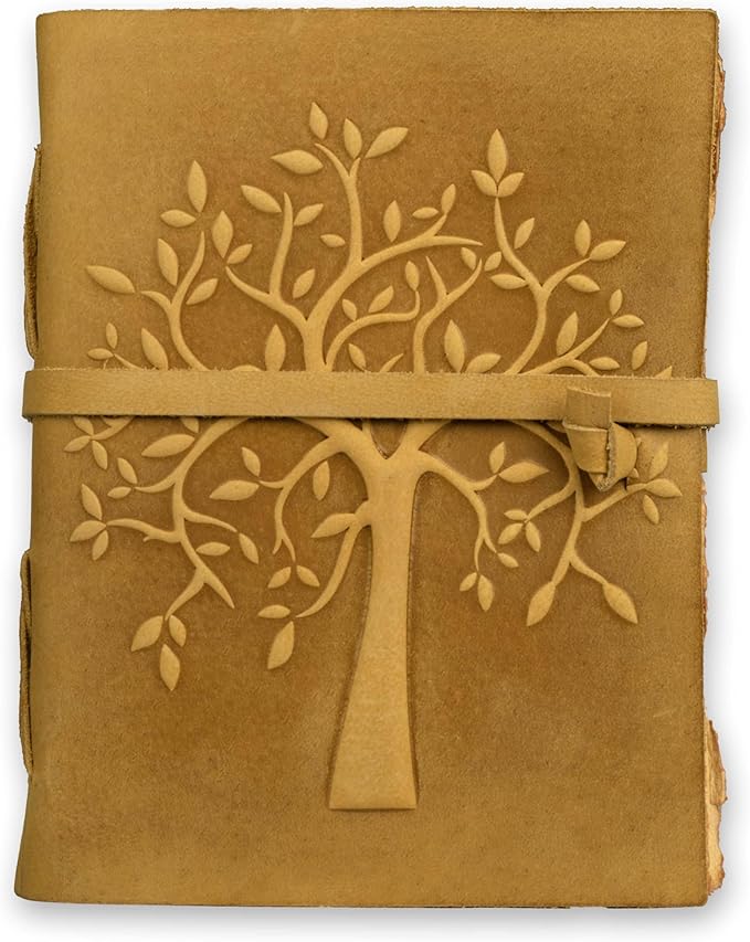 LEATHER VILLAGE Tree of Life Journal - 6 X 4 (A6) inches - Sun Tan - 200 Antique Deckle Edge Handmade Paper – Book of Shadows - Vintage Leather Bound Journal for Women & Men