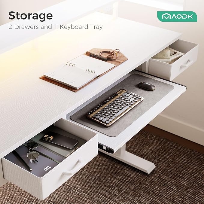 AODK Electric Standing Desk with Drawers & Keyboard Tray, 55 Inch Height Adjustable Gaming Desk with Power Outlets & LED Lights, Sit Stand Table with Monitor Stand for Home, Office, White