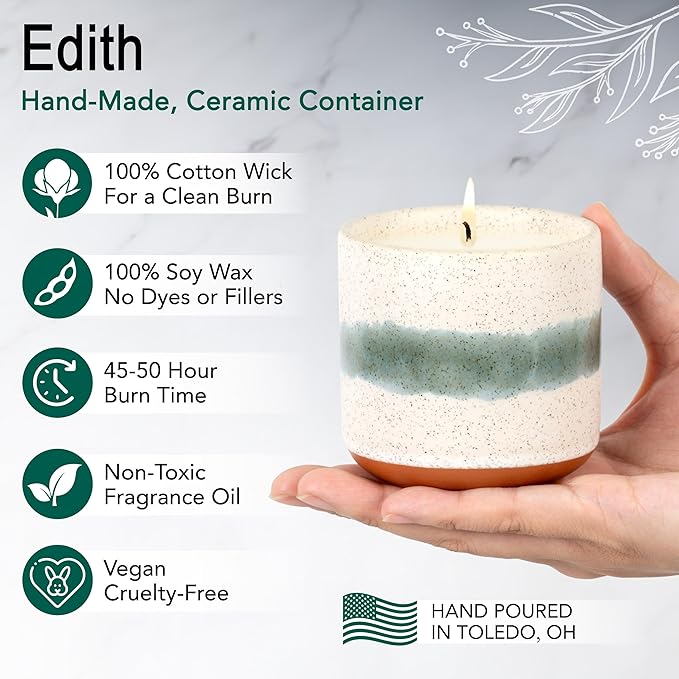 The Growing Candle, Lavender Scented, 8.5oz Ceramic Pot, Single Wick Aromatherapy Candles, 100% Soy for Women and Men, Edith