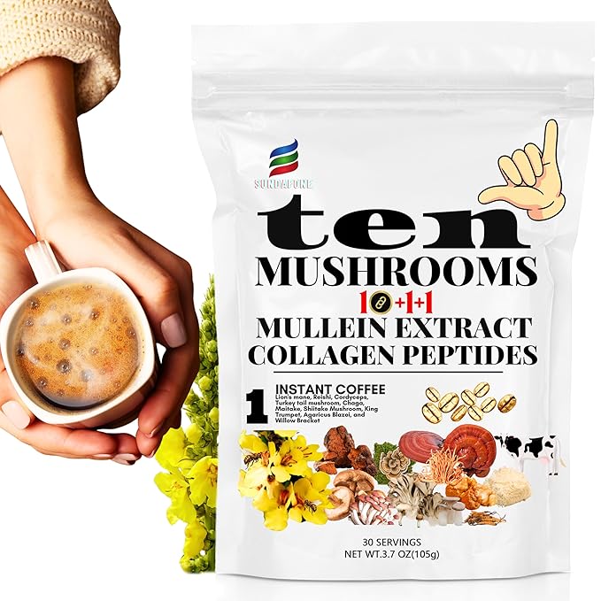 SUNDAFONE Mushroom Coffee with Grass-Fed Collagen, Mullein,Lion's Mane, Reishi and 10 Adaptogenic Mushrooms; Super Instant Cold Brew Protein Iced Coffee Blend; 0g of Sugar, Low Caffeine, 30 Servings