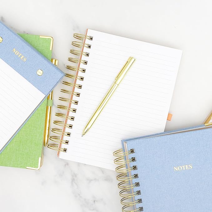 ELYN Lined Spiral Journal, Linen Hardcover Notebook with Matching Gold Gel Pen, 252 Pages, 8.2 in x 6.75 in - 100 GSM Premium Paper, Spiral Notebook for Home, Office, Notes & Gifts, (Green)