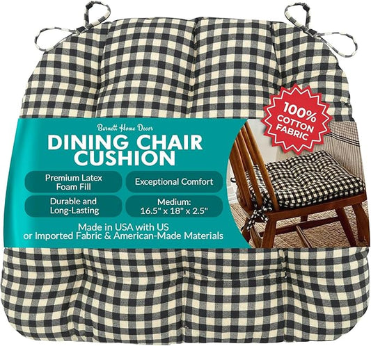 Barnett Home Decor Farmhouse Check Black and White Dining Chair Pad with Ties - 16.5 x 18 Size Medium Chair Cushion - Latex Foam Fill - 100% Cotton, Made in USA - (Black White)