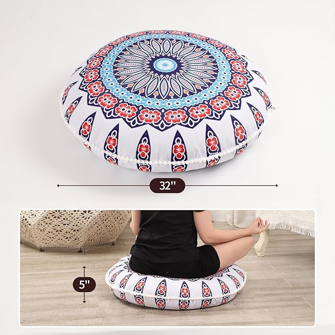 32 inches Meditation Floor Cushion for Adults, 2 Pack Round Large Thick Floor Pillow, Memory Foam Filling, Floral
