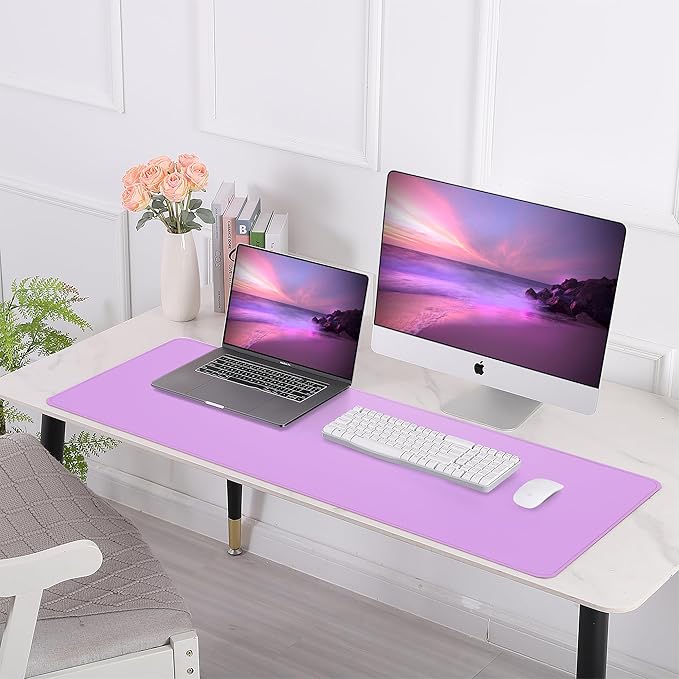 Leather Desk pad Protector, Large Desk mat with Natural Cork & PU Leather,Mouse pad,Non-Slip Office Desk Mat,Waterproof Desk Writing Pad for Office and Home (47in*17in, Purple)