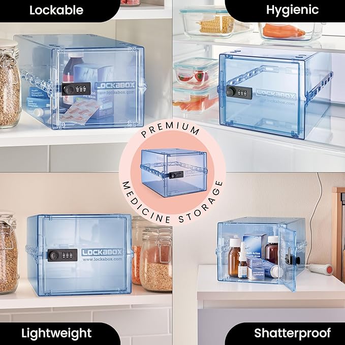 Lockabox One™ | Premium Medicine Lock Box | Medium Medication Lock Box With Code For Medicines, Vitamins & Supplements | External Size 12 x 8 x 6.6 inches (Light Medi Blue)