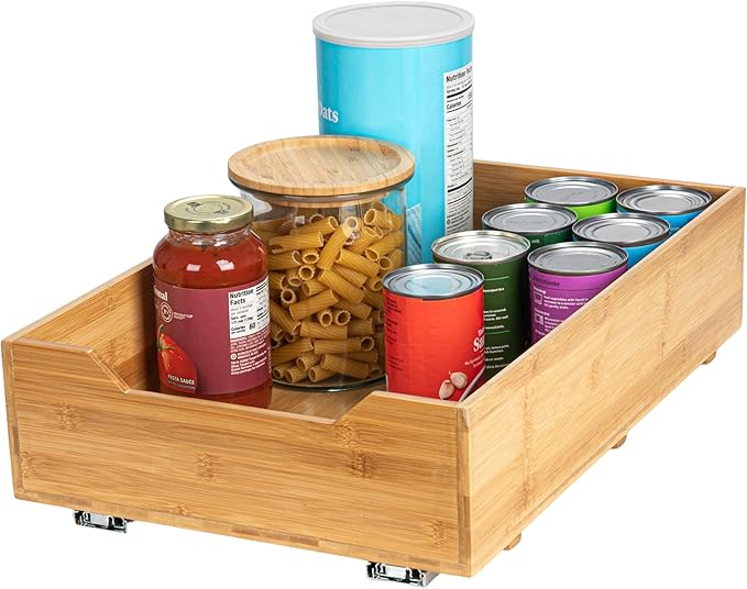 Household Essentials Glidez Bamboo and Steel 1-Tier Pull-Out/Slide-Out Storage Organizer, 14" Wide, Natural