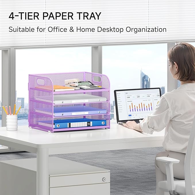 Lavatino 4-Tier Paper Organizer Trays - Purple Mesh File Folder Sorter with Handles, Desk Letter Holder Organizer for Office, Home, School Supplies Storage & Organization