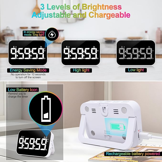 Kitchen Digital Timer, Rechargeable Magnetic Count Down Up Timer, Vibration Mode Adjustable Volume and Brightness LED Display with Sound Alert Function for Kids Adults Study Teaching, Kitchen Gadgets