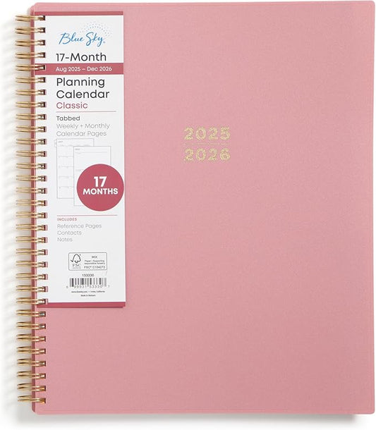 Blue Sky 17 Month 2025-2026 Weekly and Monthly Academic Year Planner Calendar, August 2025 - December 2026, 8.5" x 11", Flexible Cover, Wirebound, Laminated Tabs, Dusty Rose