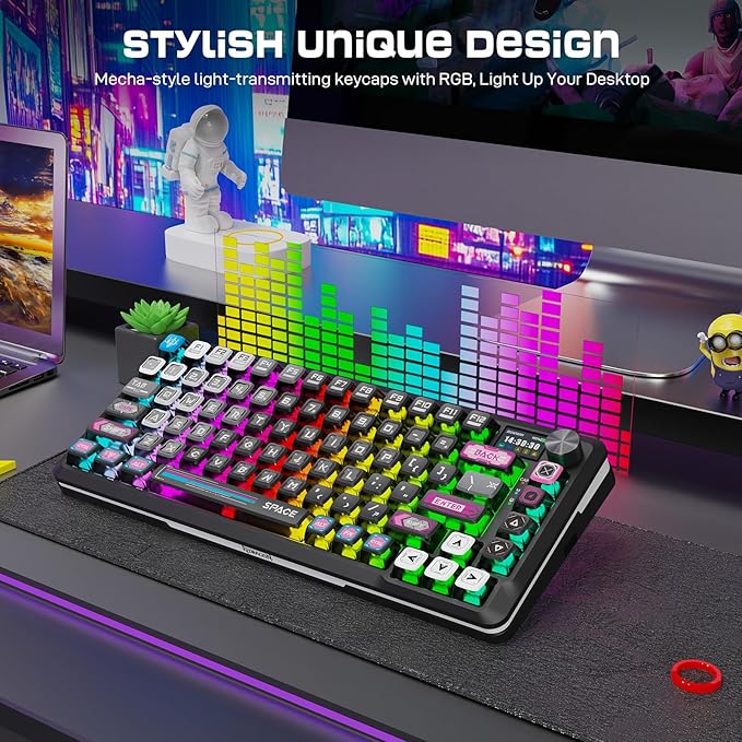 Redragon Wireless Mechanical Gaming Keyboard - Gasket-Mounted RGB Backlit, Custom Keys, 3-Mode(Bluetooth/2.4G/USB), Hot-Swap Pre-Lubed Switches, Screen & Control Knob - Cyber Mecha Style, Plasma Arc