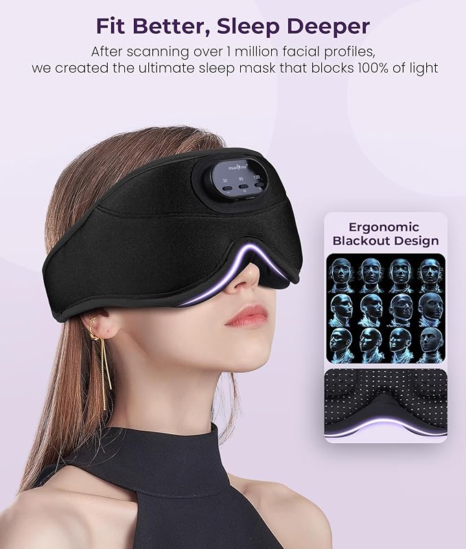 MUSICOZY 3D Bluetooth Sleep Mask with Headphones and Timer, Wireless Sleep Headphones for Side Sleepers, Eye Mask with Bluetooth Headphone, Black