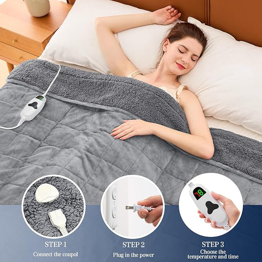 greenoak Heated Weighted Blanket for Adults - Sherpa Fleece Electric Throw Blanket (48”x72”, 15lbs, Light Gray) - Thick Soft Warming Plush Heating Blanket with 10 Heating Levels & 1-8 Hours Auto Off