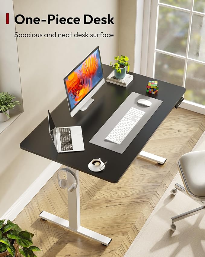 SANODESK Electric Standing Desk 48 x 30 Inches Whole-Piece Desktop Height Adjustable Stand Up Desk w/6-Button Controller Ergonomic Computer Desk for Home Office, White Frame + Black Tabletop
