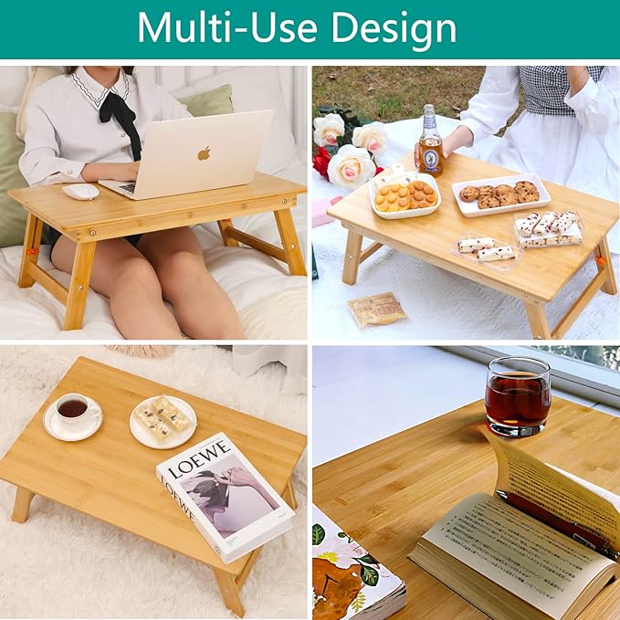 Lap Desk for Bed, COIWAI Bamboo Bed Table tary, Laptop Desk Table, Foldable Floor Tray Bed Desk,Adjustable Height, Portable Foldable Picnic Desk,Serving Breakfast Tea Coffee in Bed Couch Floor