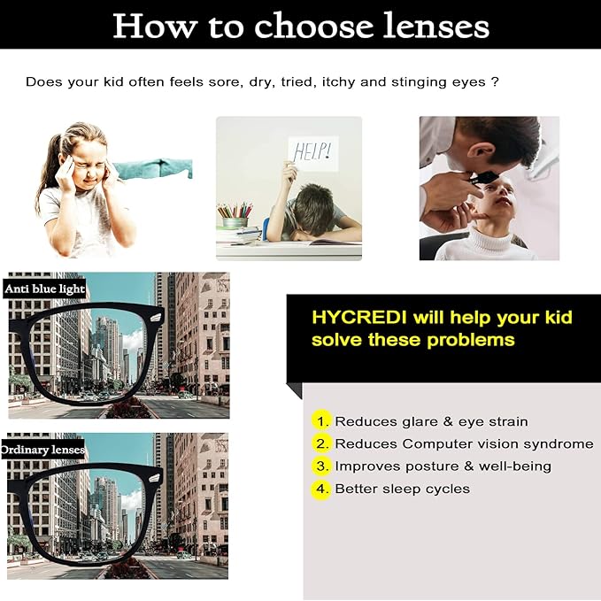 Hycredi Kids Blue Light Blocking Glasses，Anti Eyestrain & UV Protection, Computer Gaming TV Phone Glasses for Boys Girls