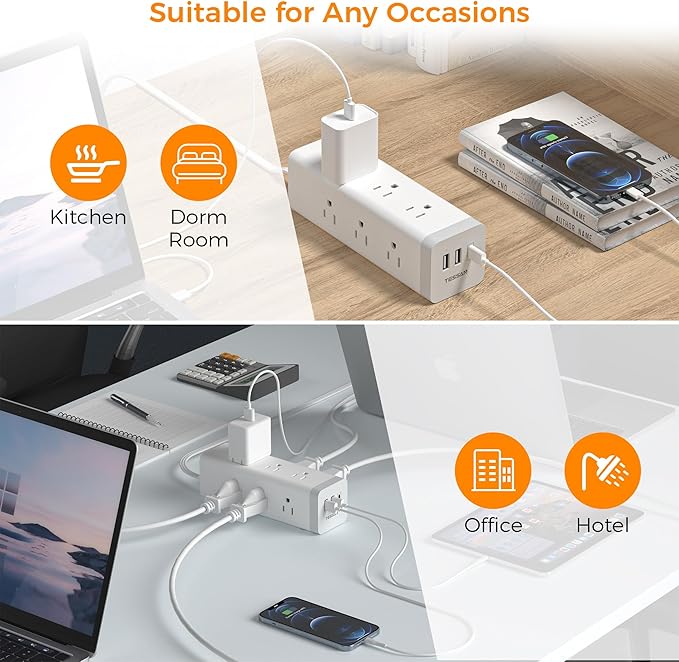 Surge Protector Power Strip 10 FT, TESSAN Ultra Thin Flat Plug Long Extension Cord with 9 Outlets 3 USB(1 USB C), 1050J Protection Desk Charging Station for Home, Indoor, Office, Dorm Room Essentials