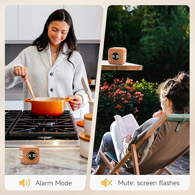 Rotating Productivity Timer 5, 25, 10, 50 Minutes Preset, Desk Cube w/Gravity Sensor for ADHD, Mute Functions, Ideal for Work, Study, Kitchen, Back to School (1, Wood Grain Finish)