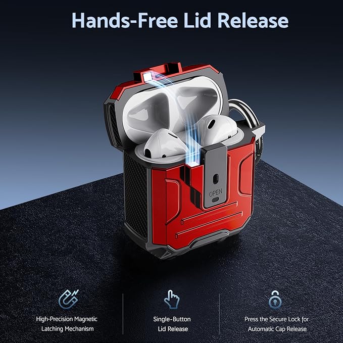 DASFOND Armor Cover AirPods 2nd & 1st Generation Case, Military Grade Full Body Shockproof Protection Hard Case, Support Wireless Charging with Keychain, Magnetic Lid, Front LED Visible, Red
