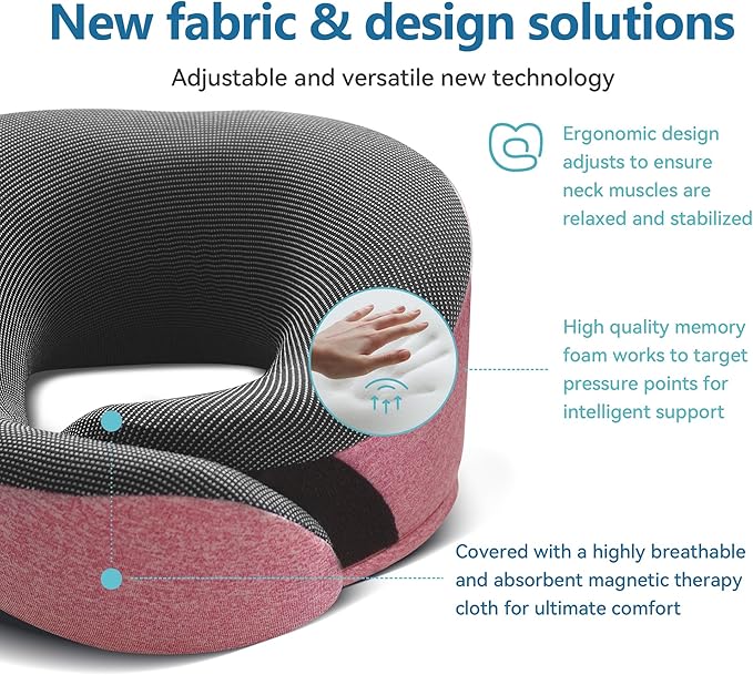 Proglobe Pink Airplane Travel Pillow Set, 100% Pure Memory Foam Neck Pillow, Updated Material, Long Flight Travel Kit with 3D Contoured Eye Masks, Earplugs, and Luxury Bag