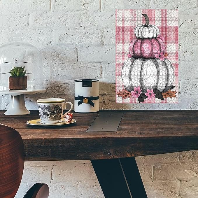 500 Piece Wooden Puzzle Fall Pink White Pumpkin Adults Funny Challenge for Stress Relief & Entertainment Kids Family Challenging Jigsaw 20.4x15 Inch