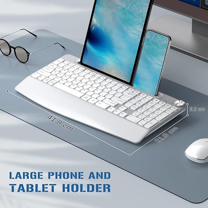 JOYACCESS Ergonomic Wireless Keyboard and Mouse, Full Size Wireless Keyboard Designed with Phone Holder and Wrist Rest,Volume Roller for Computer Mac PC Laptop-Silver