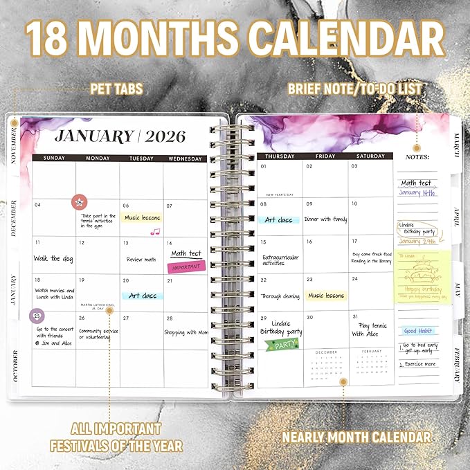 Planner 2025-2026, Large 18 Months Academic Daily Weekly Monthly Planner Yearly Agenda July. 2025–Dec. 2026, 7.9" x 9.8", Page Tabs, Separator Page, Pocket Folder, Bookmark, Stickers, Sticky Note Set