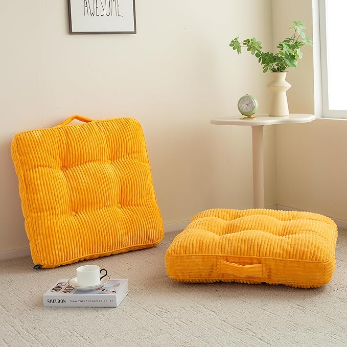Washable Floor Pillow Cushion for Adults, Meditation Cushion Pillow, Large Square Floor Sitting, Removable Tufted Corduroy Cover, for Tatami Living Room or Yoga, 22x22 Inch, 2Pack, Machine Washable
