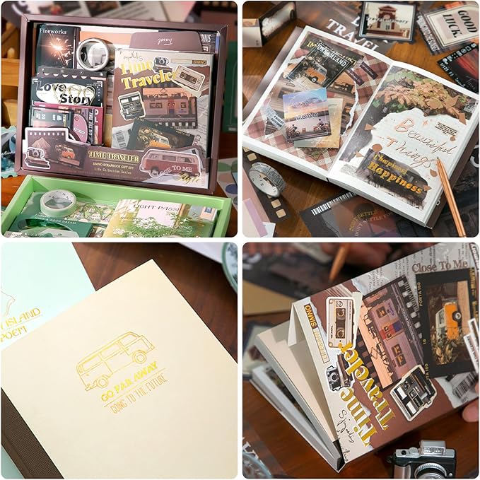 Scrapbook Supplies Kit, Vintage Aesthetic Scrapbook Kit, 351pcs Junk Journal Supplies with Scrapbooking Paper A6 Grid Notebook, Journaling Supplies, Birthday Craft Gift for Adult Teen, Time Traveler