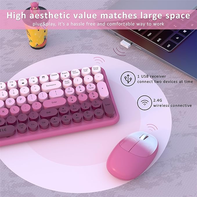 Wireless Keyboards and Mouse Combos, UBOTIE Colorful Gradient Rainbow Colored Retro Typewriter Flexible Keyboard, 2.4GHz Connection and Optical Mouse(Rosy Gradient)