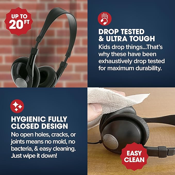 SENTRY Bulk Rugged School Headphones, Durable for Kids, Students, Teachers, Classrooms, 3.5mm or USB-C Jack Options, Optional Boom Mic for Online Learning (8 Count - 3.5mm with Inline Mic, 8, Count)