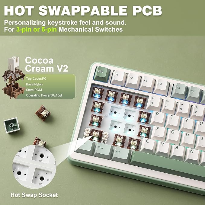 YUNZII B75 PRO Wireless Mechanical Keyboard,75% Layout with Knob,Hot Swap Gasket Structure,Creamy Pre-lubed Switches,RGB Backlit,Bluetooth/Type-C/2.4G for Win/Mac (Matcha Green, Cocoa Cream V2 Switch)