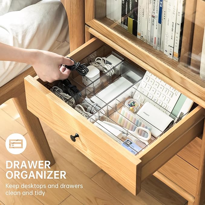 2 Pack Cable Storage Organizer Box with 8 Compartments and 14 Wire Ties, Stackable Charger Organizer, Clear Cord organizer for Drawer, Adjustable Divider Cord Management Box