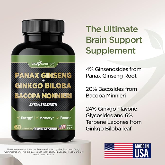 Gade Nutrition Ginkgo Biloba with Ginseng Supplement and Bacopa Monnieri | Brain Supplements for Memory and Focus with panax Ginseng & Ginko biloba Capsules - Memory Supplement for Brain