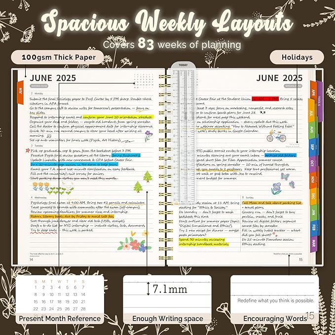 Jun 2025-Dec 2026 Academic Monthly Weekly Daily Planner for School, 19 Months Calendar 25-26 Planning Book with Colorful Tabs, 8.5" x 11" Mid Year College Organizer for Student Teacher (Bistre)