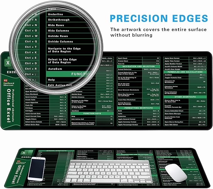 Excel Cheat Sheet Desk Pad, 31.5"x11.8", Waterproof Extra Large Excel Shortcut Mat with Stitched Edges, Anti-Slip Excel Mouse Pad for Office Desk, MS Excel/Word Shortcuts (Green Excel K)